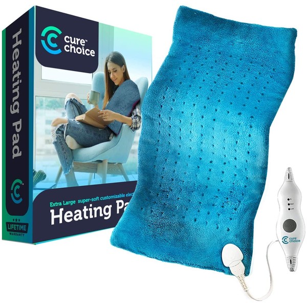 Cure Choice Large Electric Heating Pad for Back Pain Relief + Storage Pouch, Ultra Soft 12"x24" Heating pad for Muscle Cramps - Heated Pad with Adjustable Temperature Settings. (Blue)