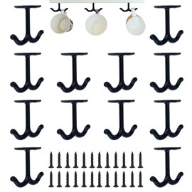 NPENGHUI 12 Pcs Ceiling Double Hook with Screws - Prong Wardrobe Towel Hook - Zinc Alloy Top Mount Hooks for Coat, Hat, Towel, Robe, Clothes, Kitchen Utensils Under Cabinet Shelf Hooks (Black)