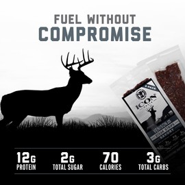 ICON Meats Venison and Beef Jerky Steak Strips, Savory, 8 High Protein Snacks Packs, 2 Strips per Pack, Low Sugar, Gluten Free, Natural, USDA Inspected, Made in the USA, Gifts & Stocking Stuffers