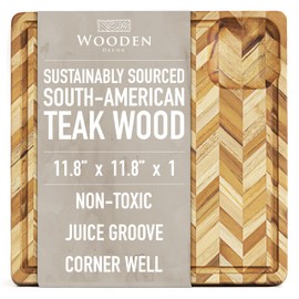 Wooden Decor, Teak Cutting Board for Kitchen (Small) – Herringbone Butcher Block with Juice Groove & Corner Well, Charcuterie Board, Food-Safe, Gift-Ready, 11.8 x 11.8 x 1 in