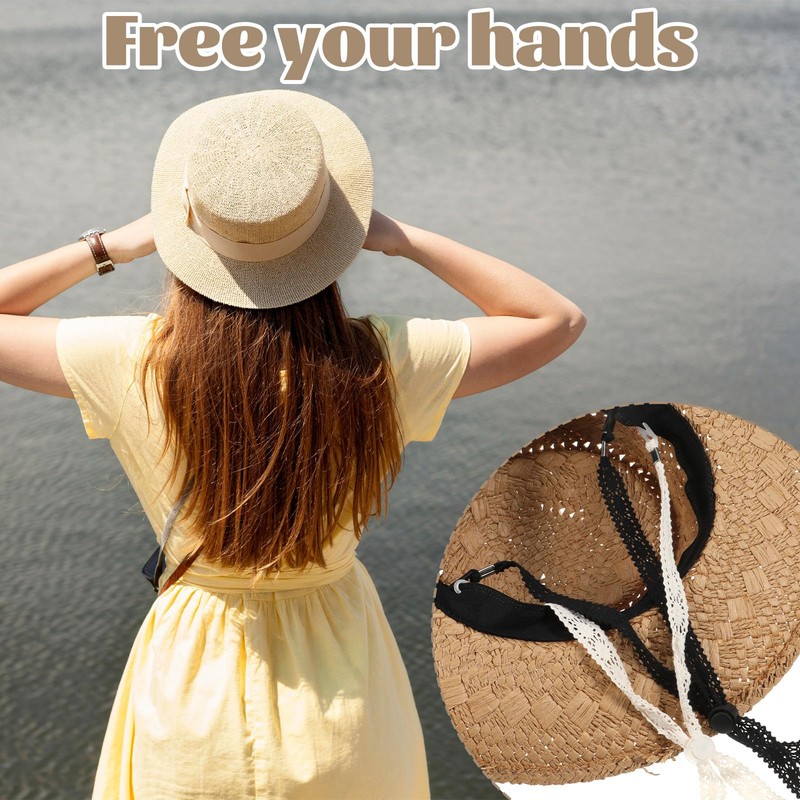 Tweruna 2 PCS Hat Straps for Wind, Adjustable Beige Black