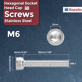 Kozelo 15pcs Cap Bolts Cap Bolts [M6-1 x 35mm] Hex Socket Bolt 304 Stainless Steel Fully Threaded Allen Socket Drive Replacement for Electric Motor 3D Printer Fan Engine Silver Tone