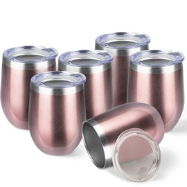 6 Pack Stainless Steel Wine Tumbler with lid. 12OZ Stemless Double Wall Insulated Wine Tumbler.Wine Glass is suitable for different scenes, parties,outdoor, gifts and so on.(Rose Gold, 6)