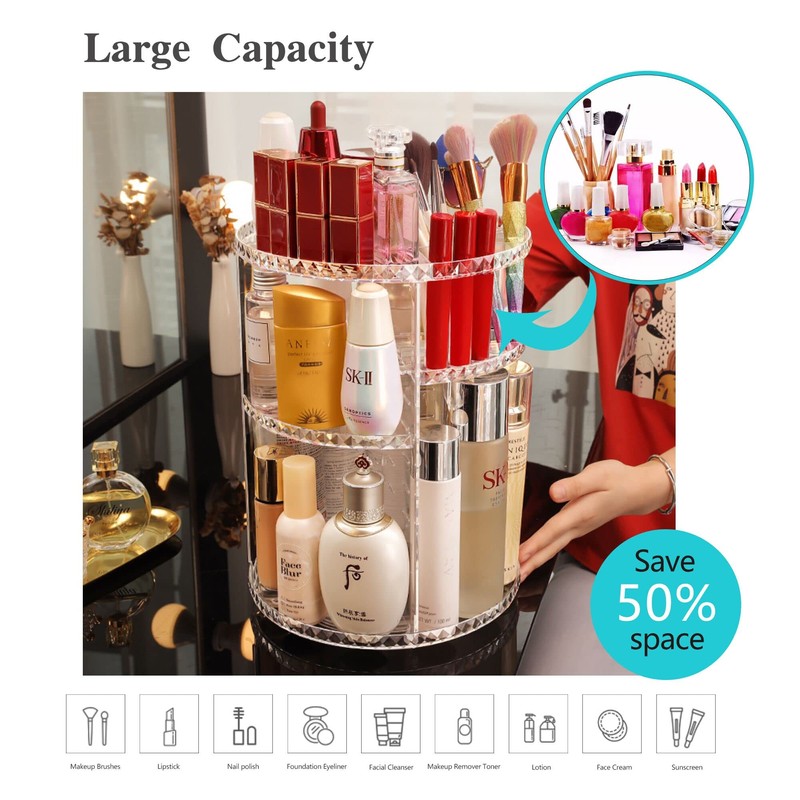 LucyStudio Clear Makeup Organizer 360° Rotating Adjustable Cosmetic Display Stand