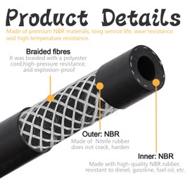 TuoLauthon ID 1/4 Inch(6mm) 10Ft NBR Rubber Fuel Hose Line SAE 30R7 300PSI with 10Pcs Stainless Steel Clamps