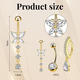 AuraFusion 3pcs Bauchnabelpiercing 10mm Gold Chirurgenstahl Bauchpiercing Schmuck: Schmetterling, Doppelball, Mondanhänger mit Tropfen. Eleganter Damenschmuck.