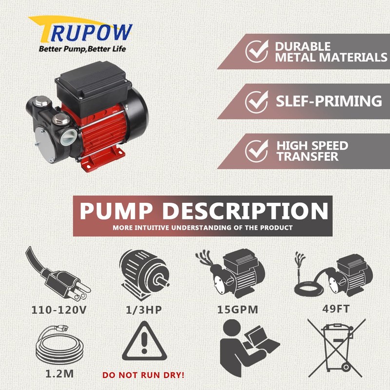 Trupow 110V AC 15GPM Electric Self-priming Diesel Kerosene Oil Fuel