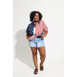 TIYOMI Ladies Plus Size 4th of July Shirts Short Sleeve 4X Tops National Day Shirts Amercian Flag Button Down Tee Summer Casual Blouse 4XL 24W 26W