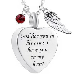 God Has You in His Arms with Angel Wing Charm Cremation Ashes Jewelry Keepsake Memorial Urn Necklace with Birthstone CrystalColor: March