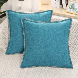 decorUhome Set of 2 Linen Cushion Covers 45X45cm,Decorative Outdoor Plain Vintage Cushion Covers with Stitched Edges, Square Farmhouse Neutral Pillow case 18x18 Inch for Sofa, Teal