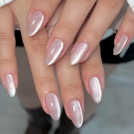 Flash Cat Eye Press-On Nails - 24Pcs Almond Glitter Pink False Nails - Medium Oval Glossy Stick on Nail with Glue - Shiny Acrylic Full Cover Design Fake Nails for Women Manicure Nail Art