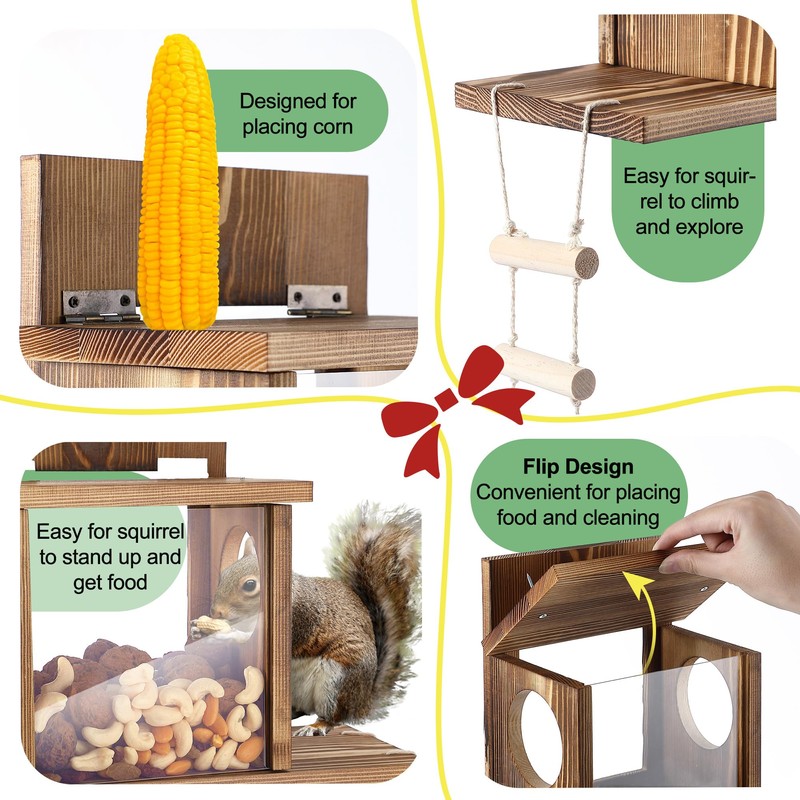 Enhon Wood Squirrel Feeder for Outside, Window Squirrel Feeder with