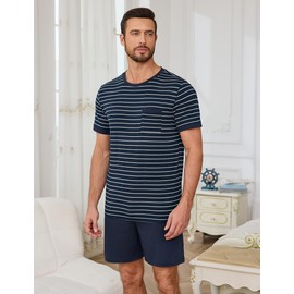 Jahetuul Men's Short Cotton Summer Pyjamas with Contrast Stripes Design Pyjamas Men's with Crew Neck Pyjamas Men's Short for Father and Partner, Dark bluu, 3XL