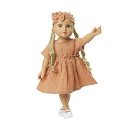 Heless 1425 Doll Clothes Made of 100% Organic Cotton, 2-Piece Set with Dress and Headband in Caramel for Dolls and Cuddly Toys Size 28-35 cm
