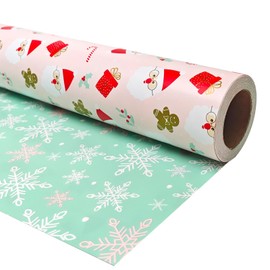 FIEHALA Christmas Mini Wrapping Paper Roll - Reversible Holiday Wrapping Paper(17" X 32.8 Feet) - Pink Santa & Green Pink Snowflakes Patterns