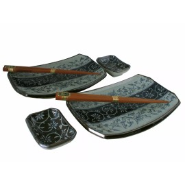 Made in Japan SET of 6 Japanese Sushi Plates Dishes Chopsticks Manyo Karakusa Made in Japan