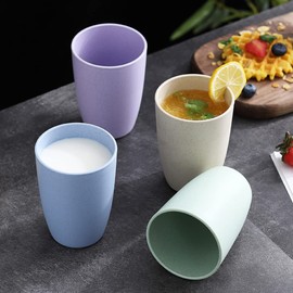 Zgwansui Set of 5 Wheat Straw Drinking Tumbler, 12OZ Small Reusable Drinking Cups Dishwasher Safe, Unbreakable Plastic Stackable Water Tumblers, Bathroom Toothbrush Cups for Juice (Purple)