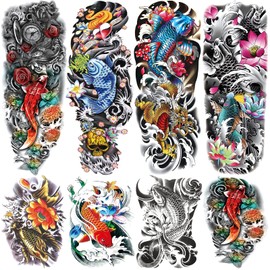Realistic Fish Temporary Tattoo Sleeve for Women Leg, 4-Sheet Full Arm Color Fish Flower Fake Tattoo Sleeve Adult Girl and 4-Sheet Large Fish Floral Half Temp Tatoo Sticker Thigh Makeup Body Art
