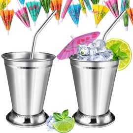 2 Sets Mint Julep Cups Silver with Straws 12 oz Stainless Steel Drinking Cups Beaded Mint Julep Cups Metal Cocktail Glasses with Straws and Drink Picks for Mint Julep Cocktails Beer Juice Beverage