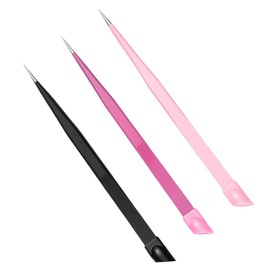 Baluue 3pcs Multi-purpose Nail Tweezers Dual-ended Precision Tweezers for Nail Art Eyelash Extensions and Sticker Application Design Pink Black Rose Red