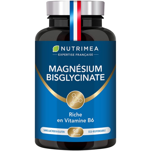 Magnesium Bisglycinate + Vitamin B6 – Sleep, Stress, Fatigue – Maximum Absorption & Easy Assimilation – 90 Vegan Capsules – Nutrimea – Made in France
