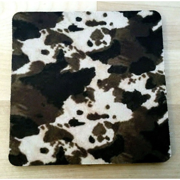 Drink Coasters 4", Set of 4, Western, Cowhide Fabric Coaster Black Rubber Back