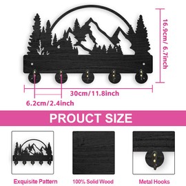 ORIGACH Black Mountains and Forests Wooden Key Holder for Wall Wood Key Rack with 5 Metal Hooks Wall Mounted Mountains Key Hooks for Front Door Kitchen Entryway Hallway - 11.8x6.7inch