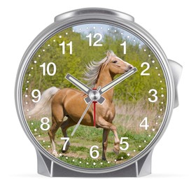 Eurotime Kinder Wecker für Mädchen mit Pferde-Motiv, Kunststoffgehäuse und Kunststoffglas, geräuscharmer Wecker, kein Ticken, mit Licht und Weckwiederholung, 29605-07