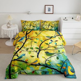 Castle Fairy Tree of Life Comforter Set Boho Style Bird Bedding Set Oil Painting Aesthetic Bedding Home Decor Yellow Teal Comforter Queen Size 3 Pieces Quilted Duvet Set 1 Comforter with 2 Pillowcase