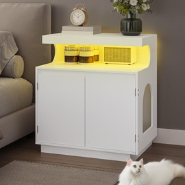 Hzuaneri Cat Litter Box Enclosure, Hidden Litter Box Cabinet Furniture with Storage, Wooden Indoor Cat House with Lights, Side End Table, for Washroom, 26.8 x 18.9 x 29.1 Inches, White CB85803X