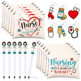 Nurses Day Appreciation Gifts, 12 Nurse Pens 12 Nurse Survival Kit Cosmetic Bag Nursing 12 Nursing Keychain for Nurses, Nurses Week Gifts 2024 Nurse Gifts for Nurses Week Thank You Accessories