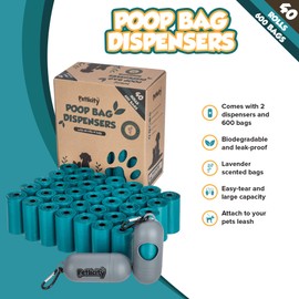 Petlicity 40 Rolls Dog Poo Bags for Pet Waste 15 Poop Carrier Bags per Roll, Plus Two Fitted Capsule Shaped Bag Holder Dispenser Cases with Carabiner Buckles