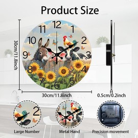 CHGCRAFT Farm Pattern Wall Clock 12 Inch Non-Ticking Clocks Cows and Pigs Round Wall Hanging Clock Battery Operated for Bedroom Living Room Kitchen Office