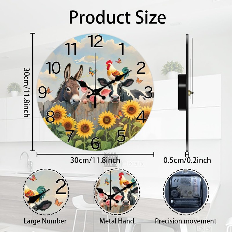 CHGCRAFT Farm Pattern Wall Clock 12 Inch Non-Ticking Clocks Cows