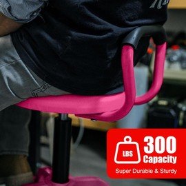 FreekyFit Garage Stool, Adjustable Height Swivel Work Mechanic Shop Stool with Backrest, Pneumatic Shop Chair for Home, Workshop, 300 LBS Capacity, 360° Rotation, Heavy Duty, Pink