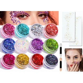 Festival Glitter Face for Festive Fancy Dress + 2 Patches Gold Face Glitter Makeup Speckles, 12 Colour Body Glitter for Nail Art and Body, Hair, Feminine Make-Up Sequins and Accessories