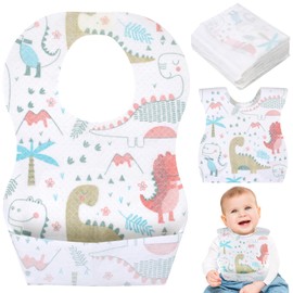 Vaktop Disposable Bibs, Pack of 30 Baby Bibs, Waterproof Travel Bibs with Food Catcher Bag for Babies, Toddlers, Boys and Girls, Travel, Outdoor Use, Dinosaurs
