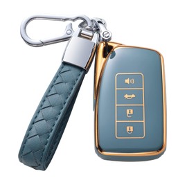 CHEZENHUI Compatible with Lexus Key Fob Cover with Leather Lanyard, Car Key Case Shell Protection for Lexus RX is ES GS LS NX RS GX LX RC LC Smart Remote Control, Blue