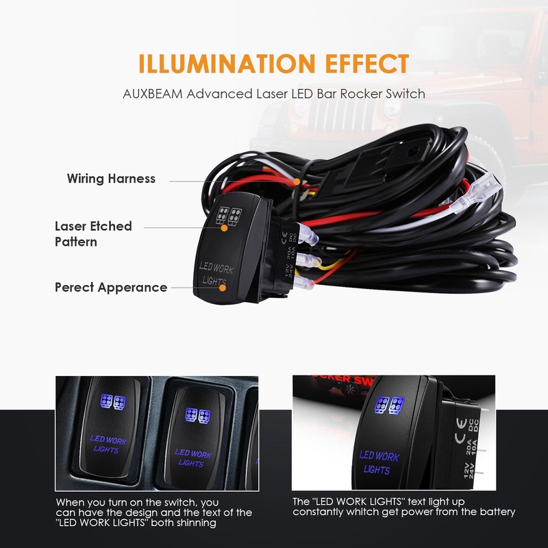 Wiring Harness 2 Lead, Auxbeam 12V 5Pin Rocker Switch with