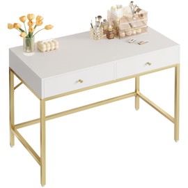 SUPERJARE 31.5" White and Gold Desk with 2 Drawers, Modern Vanity Desk, Small Makeup Table for Home Office Writing Study Bedroom
