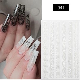 White Lace Nail Stickers, 3D Self-Adhesive Wedding Nail Art Sticker Decal for Women, Bridal Nail Art (White)