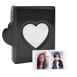 Jiayaus Mini Photo Album Can Store 32 Sheets, Black Heart Kpop Photocard Binder with Heart Pendant, Photo Album Suitable for Storing Idols, Cards, Stickers