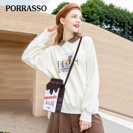 PORRASSO Girl Crossbody Bag Milk Carton Creative Shoulder Bag PU Handbag Women Satchel with Adjustable Strap for Travel Dating Daily Use Brown