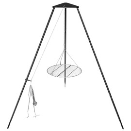 DPZM Campfire Tripod for Cooking, Campfire Cooking Equipment, Round Grill Grate with Adjustable Height for BBQ Picnic Outdoor Cookware Party & Collapsible Legs for Easy Storage