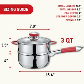 Concord Stainless Steel SIMPLE POUR Saucepan with Steamer Tier. Vented Glass Lid. Features Dual Pouring Spouts and Volume Marking on pot. Perfect for making Sauces, Jam, Ramen, and more (3 Quart)