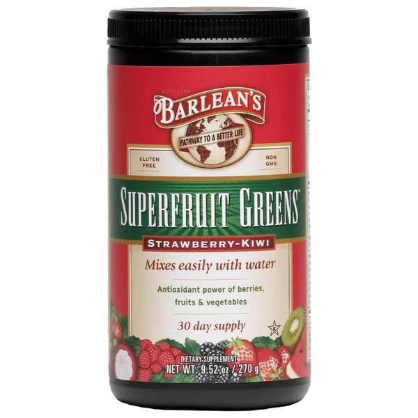 Barlean's Strawberry Kiwi Superfruit Greens Powder, Daily Fruits & Veggies Superfood Supplement, Green Antioxidant Blend & Fiber Super Power Smoothie Mix, 9.52 oz