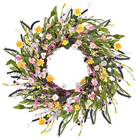 20" Artificial Daisy Flower Wreath - Silk Floral Wreath Yellow Flower Wreath Artificial Spring and Summer Wreath Front Door Wreath for Home Kitchen Wall Door Decor