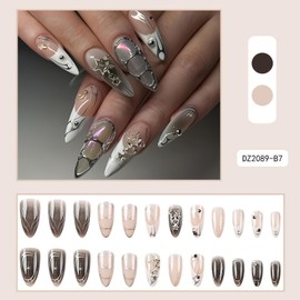 White French Tip Press on Nails Almond Long Fake Nails 3D Star Glue on Nails Silver Flame Y2K Acrylic False Nail Tips Glossy Artificial Nails Long Almond Stick on Nails for Women Manicure Decorations