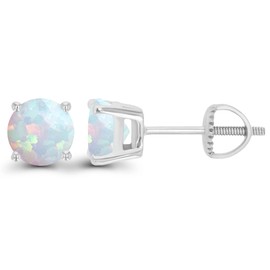 925 Sterling Silver 6mm Round Created Opal October Birthstone Screwback Stud Earrings