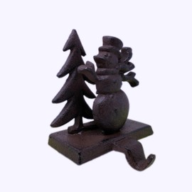 3-D Snowman & Trees Christmas Stocking Holder Cast Iron Hooks for Christmas Socks Easily Rest on a Mantel, Fireplace, or Book Shelf Heavy Duty & Durable Holiday Season Decor